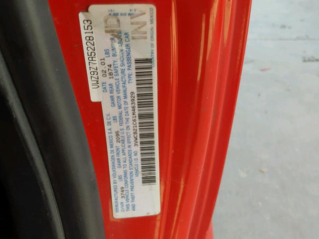 3VWCB21C61M463929 - 2001 VOLKSWAGEN NEW BEETLE RED photo 10