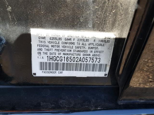 1HGCG16502A057573 - 2002 HONDA ACCORD EX BLACK photo 10