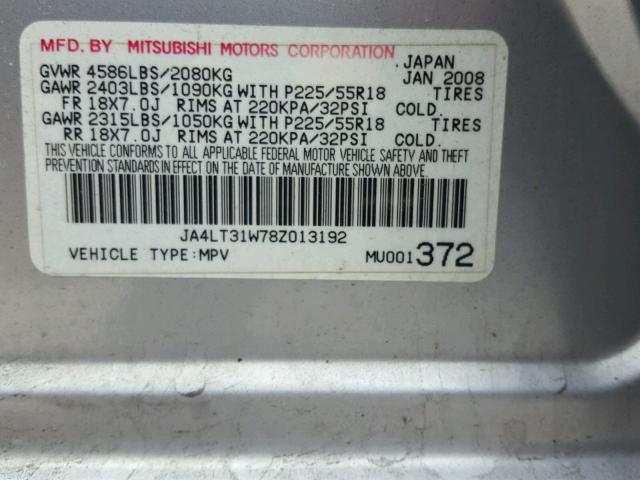 JA4LT31W78Z013192 - 2008 MITSUBISHI OUTLANDER SILVER photo 10