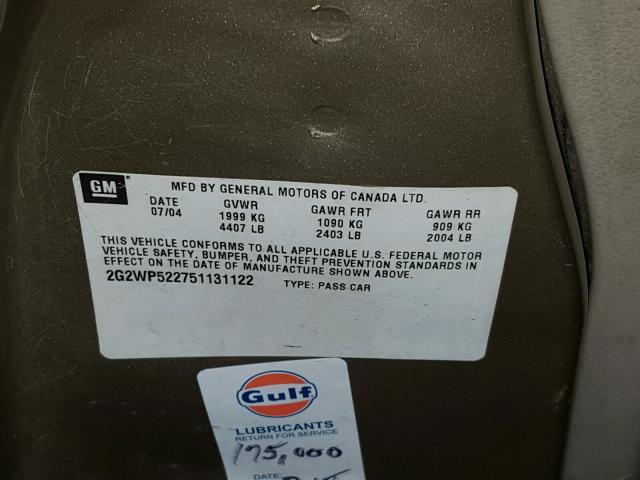 2G2WP522751131122 - 2005 PONTIAC GRAND PRIX BEIGE photo 10