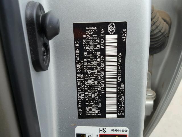 4T1BE46K58U260372 - 2008 TOYOTA CAMRY CE SILVER photo 10