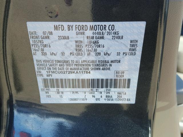 1FMCU02729KA11784 - 2009 FORD ESCAPE XLS GRAY photo 10