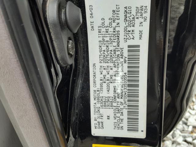 JTJHT00W133533554 - 2003 LEXUS LX 470 BLACK photo 10