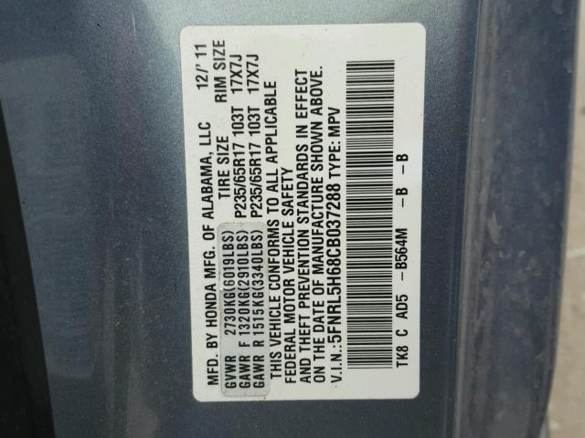 5FNRL5H68CB037288 - 2012 HONDA ODYSSEY EX BLUE photo 10