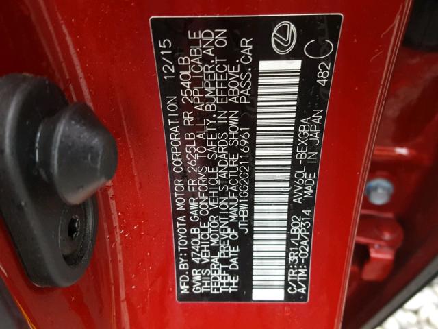 JTHBW1GG2G2116961 - 2016 LEXUS ES 300H RED photo 10