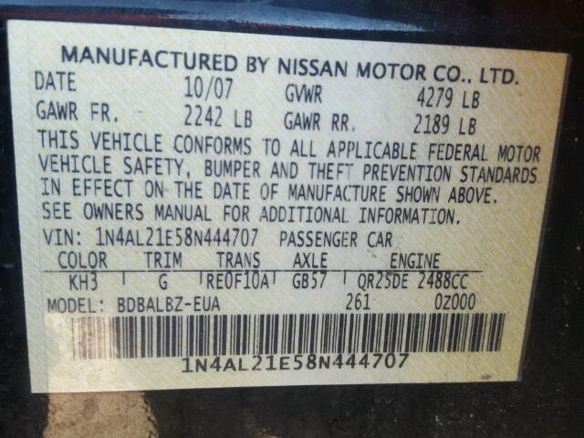 1N4AL21E58N444707 - 2008 NISSAN ALTIMA 2.5 BLACK photo 10