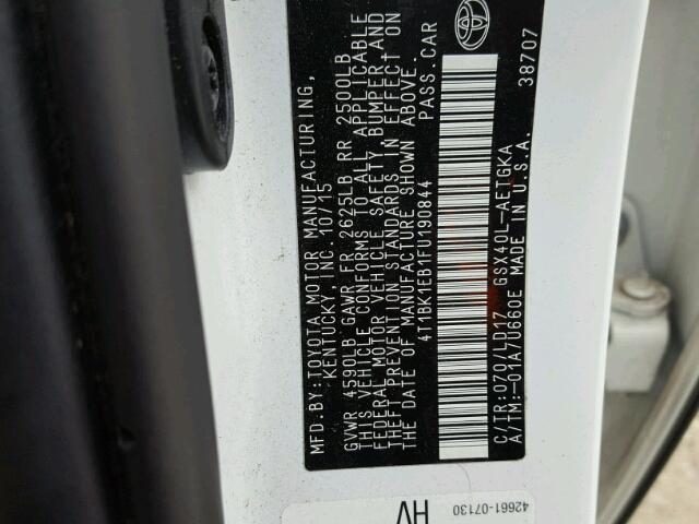 4T1BK1EB1FU190844 - 2015 TOYOTA AVALON XLE WHITE photo 10