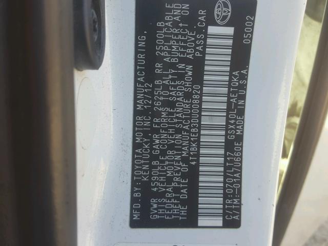 4T1BK1EB3DU008820 - 2013 TOYOTA AVALON BAS WHITE photo 10