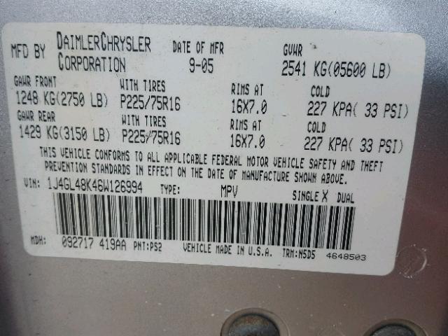 1J4GL48K46W126994 - 2006 JEEP LIBERTY SP SILVER photo 10