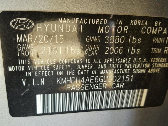 KMHDH4AE6GU502151 - 2016 HYUNDAI ELANTRA SE SILVER photo 10