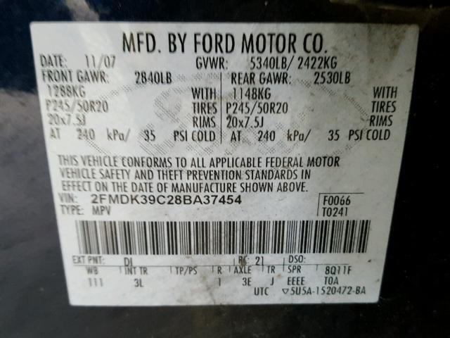 2FMDK39C28BA37454 - 2008 FORD EDGE LIMIT BLUE photo 10