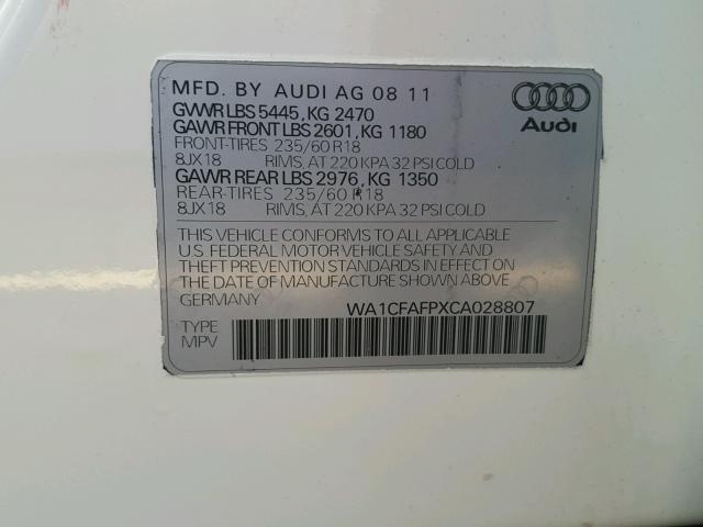 WA1CFAFPXCA028807 - 2012 AUDI Q5 PREMIUM WHITE photo 10