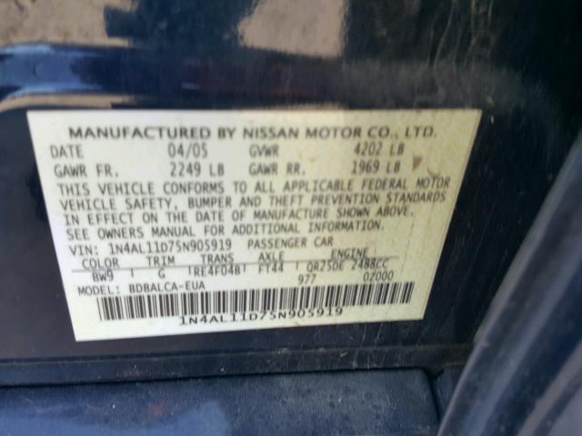 1N4AL11D75N905919 - 2005 NISSAN ALTIMA S BLUE photo 10