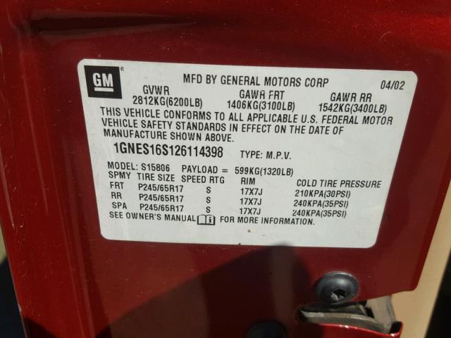 1GNES16S126114398 - 2002 CHEVROLET TRAILBLAZE RED photo 10