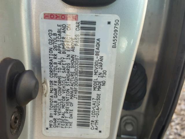 JTHBF30GX36003087 - 2003 LEXUS ES 300 GRAY photo 10