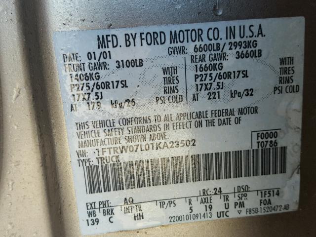 1FTRW07L01KA23502 - 2001 FORD F150 SUPER GOLD photo 10