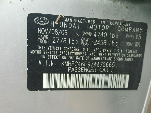 KMHFC46F97A173665 - 2007 HYUNDAI AZERA SE SILVER photo 10