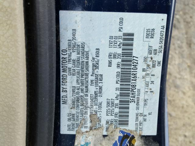 3FAHP081X6R104277 - 2006 FORD FUSION SEL BLUE photo 10