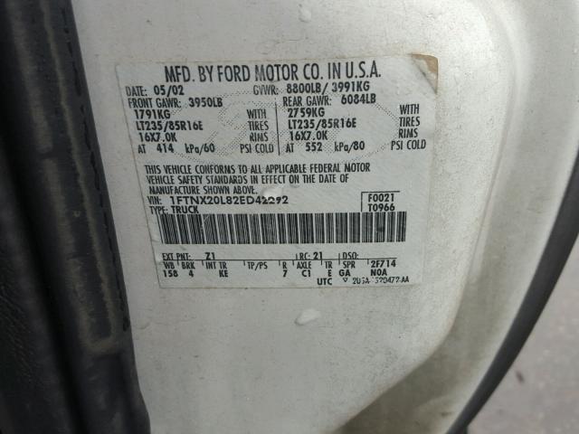 1FTNX20L82ED42292 - 2002 FORD F250 SUPER WHITE photo 10