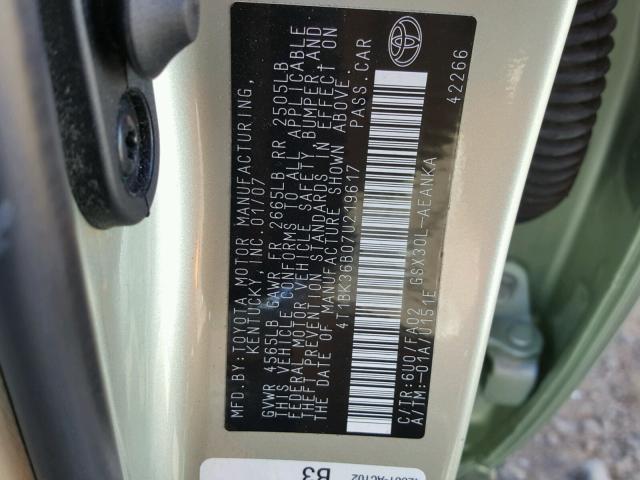 4T1BK36B07U219617 - 2007 TOYOTA AVALON XL GREEN photo 10