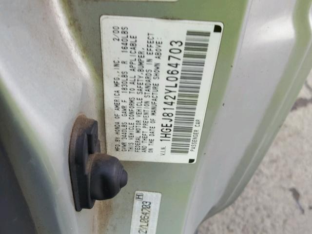 1HGEJ8142YL064703 - 2000 HONDA CIVIC EX 银色 照片 10