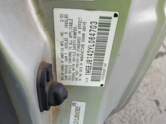 1HGEJ8142YL064703 - 2000 HONDA CIVIC EX SILVER photo 10