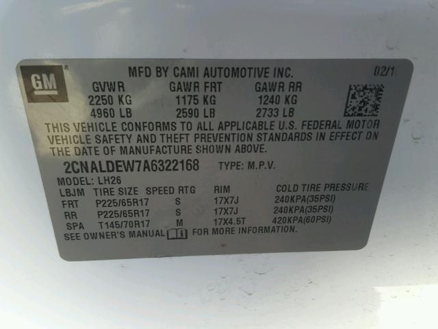 2CNALDEW7A6322168 - 2010 CHEVROLET EQUINOX LT WHITE photo 10