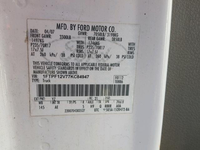 1FTPF12V77KC84947 - 2007 FORD F150 WHITE photo 10