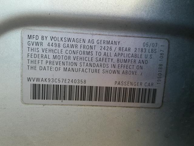 WVWAK93C57E240358 - 2007 VOLKSWAGEN PASSAT 2.0 SILVER photo 10