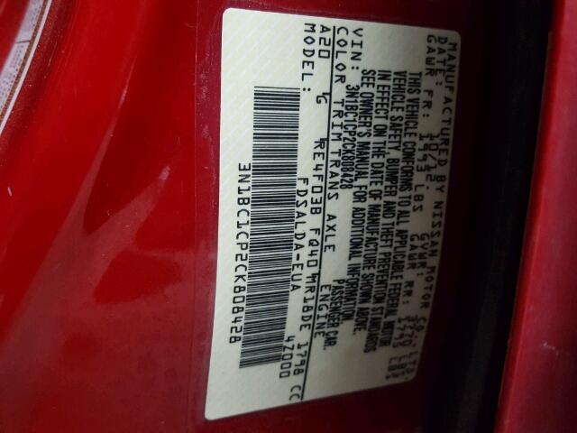 3N1BC1CP2CK808428 - 2012 NISSAN VERSA S RED photo 10