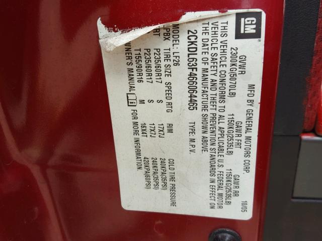 2CKDL63F466064465 - 2006 PONTIAC TORRENT RED photo 10