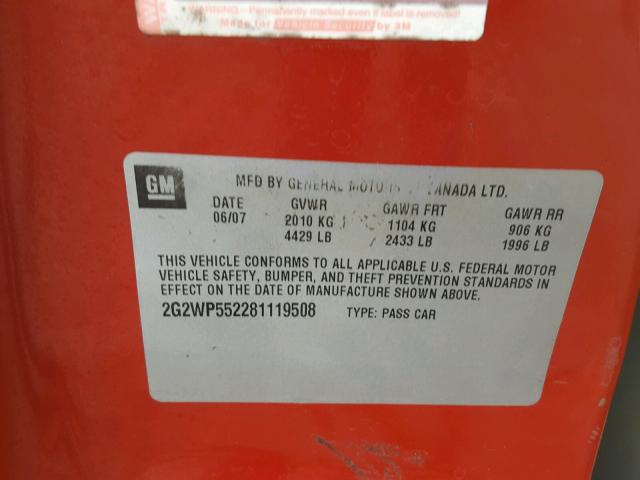 2G2WP552281119508 - 2008 PONTIAC GRAND PRIX RED photo 10