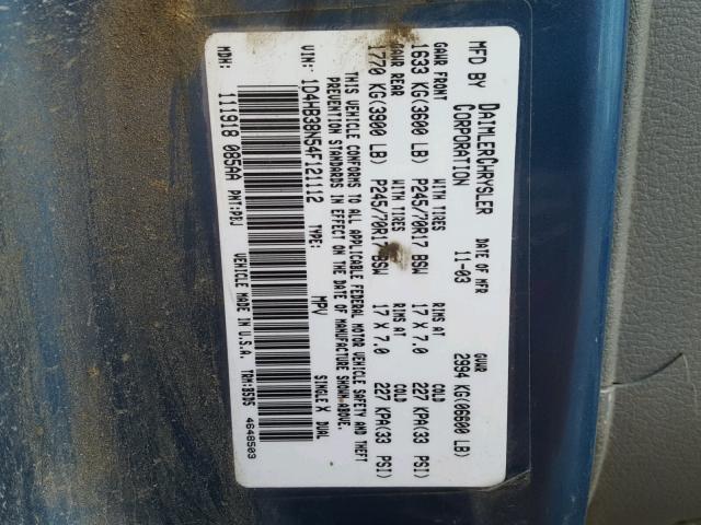 1D4HB38N54F121112 - 2004 DODGE DURANGO ST BLUE photo 10