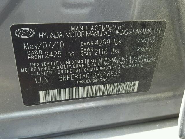 5NPEB4AC1BH068832 - 2011 HYUNDAI SONATA GLS GRAY photo 10