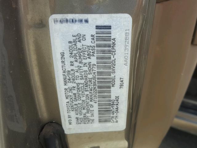 4T1BG22K9XU904779 - 1999 TOYOTA CAMRY CE GOLD photo 10