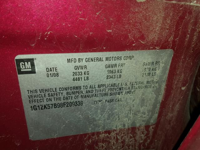 1G1ZK57B98F209339 - 2008 CHEVROLET MALIBU LTZ 红色 照片 10