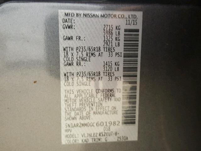 5N1AR2MM0GC601982 - 2016 NISSAN PATHFINDER GRAY photo 10