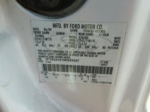 1FTSX21519EB25227 - 2009 FORD F250 SUPER WHITE photo 10