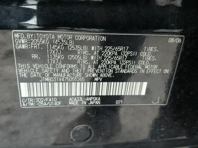 JTMBD31V475055265 - 2007 TOYOTA RAV4 LIMIT BLACK photo 10