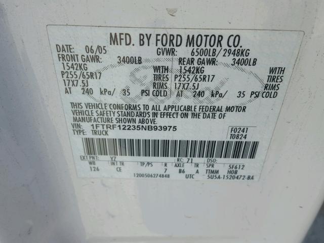 1FTRF12235NB93975 - 2005 FORD F150 WHITE photo 10