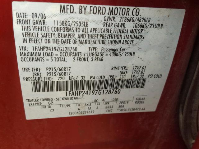 1FAHP24197G128760 - 2007 FORD FIVE HUNDR RED photo 10