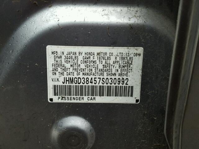 JHMGD38457S030992 - 2007 HONDA FIT GRAY photo 10