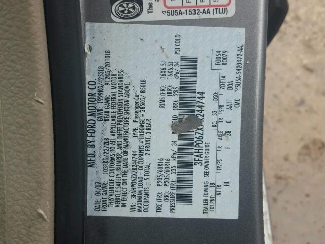 3FAHP06ZX7R244744 - 2007 FORD FUSION S GRAY photo 10