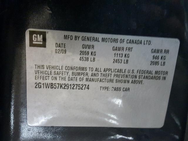 2G1WB57K291275274 - 2009 CHEVROLET IMPALA LS GRAY photo 10