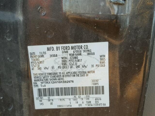 1FTRX12W16KB82976 - 2006 FORD F150 GRAY photo 10