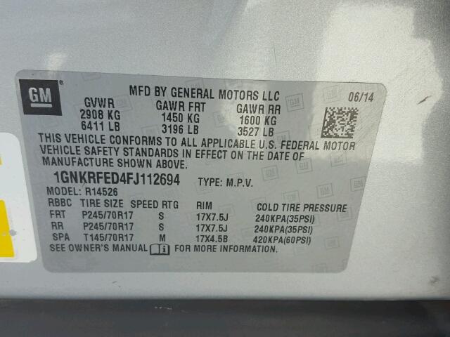 1GNKRFED4FJ112694 - 2015 CHEVROLET TRAVERSE L SILVER photo 10