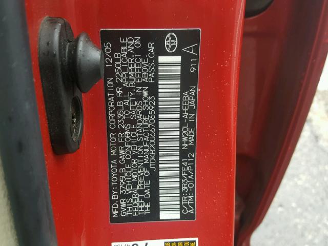 JTDKB20U667065923 - 2006 TOYOTA PRIUS RED photo 10