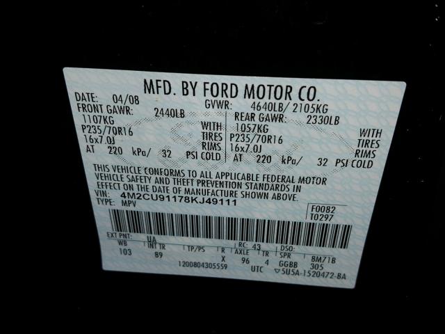 4M2CU91178KJ49111 - 2008 MERCURY MARINER BLACK photo 10