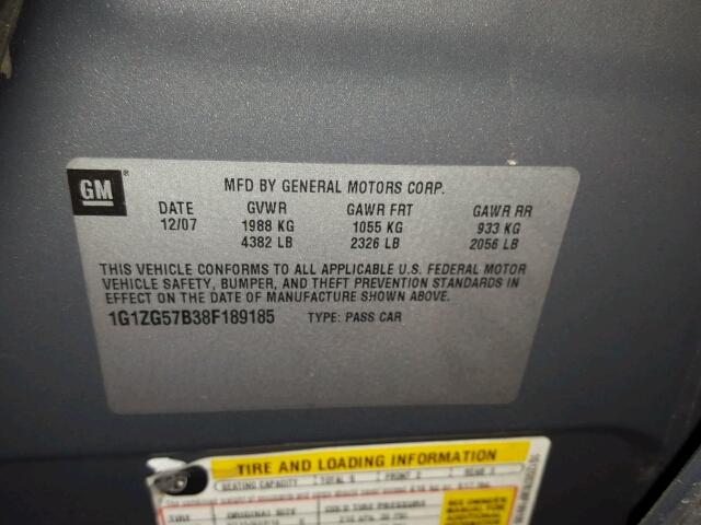 1G1ZG57B38F189185 - 2008 CHEVROLET MALIBU LS ნაცრისფერი ფოტო 10