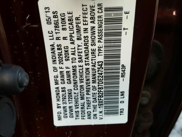 19XFB2F87DE247543 - 2013 HONDA CIVIC EX Tünd qırmızı foto 10